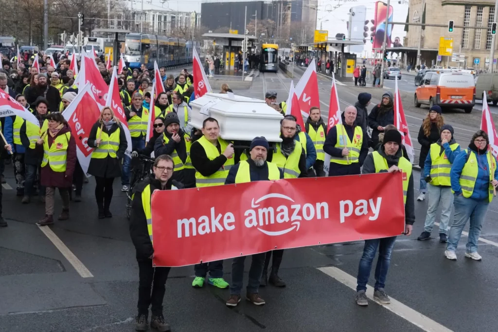 Striking workers marching in the street